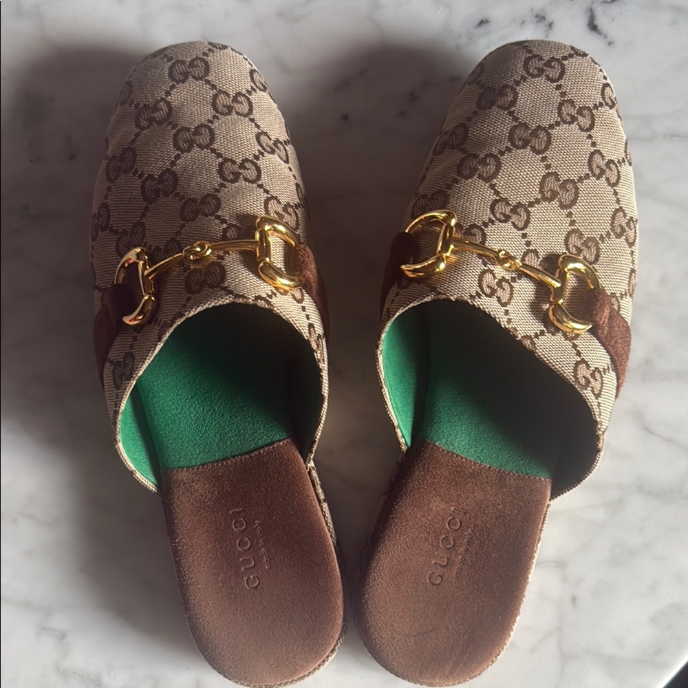 Gucci Women's Beige and Brown Logo Mules with Gold Accent
